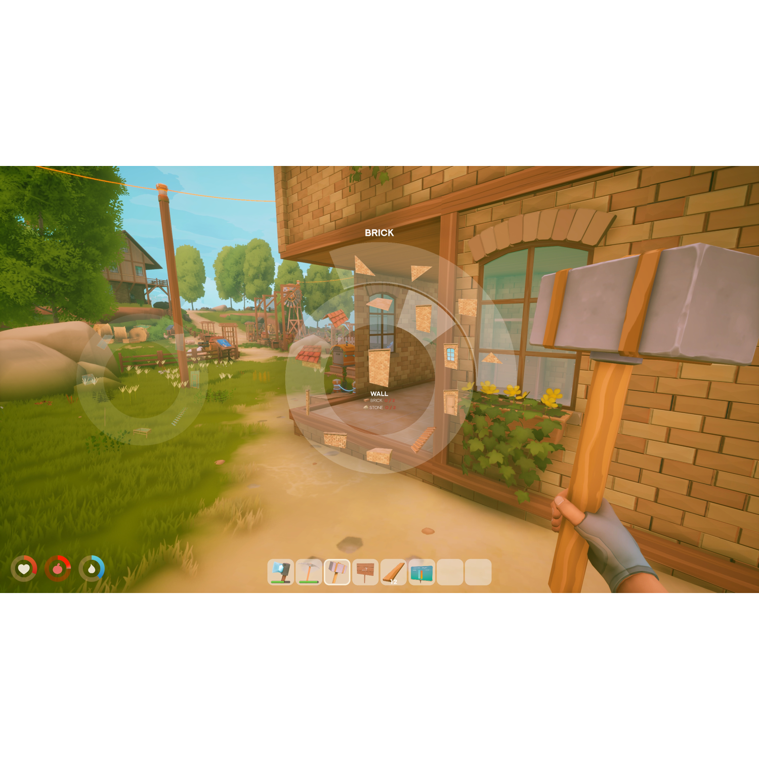 Vue à la première personne avec un marteau et un menu de construction radial.