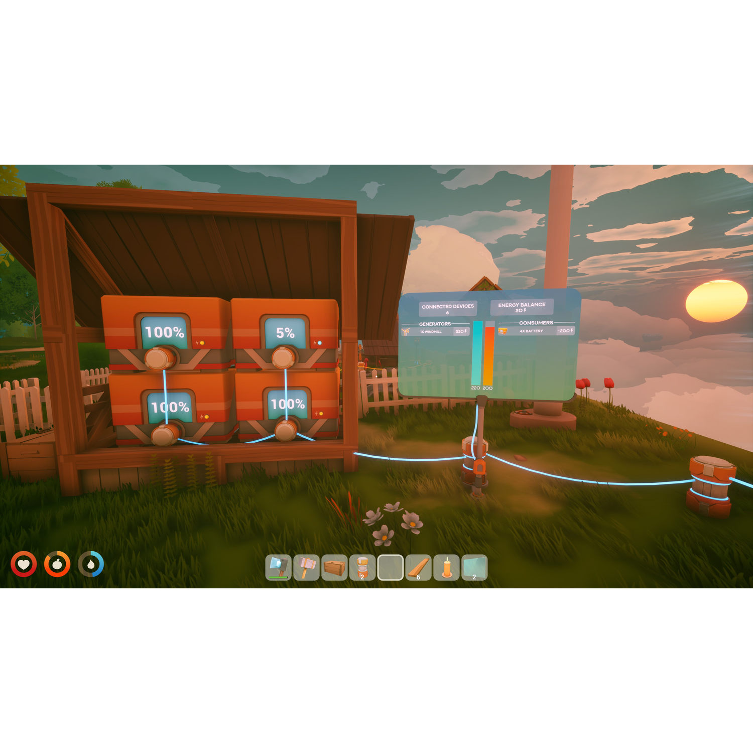 Écran de jeu montrant des batteries oranges dans un abri en bois et un tableau d'énergie au coucher du soleil.