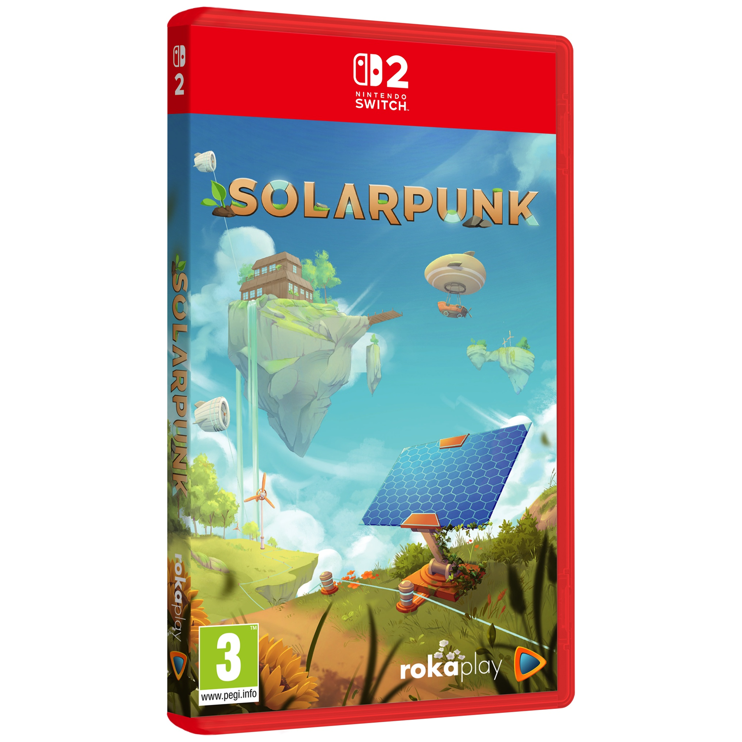 Boîtier Nintendo Switch 2 pour Solarpunk, avec îles flottantes, panneau solaire et dirigeable.