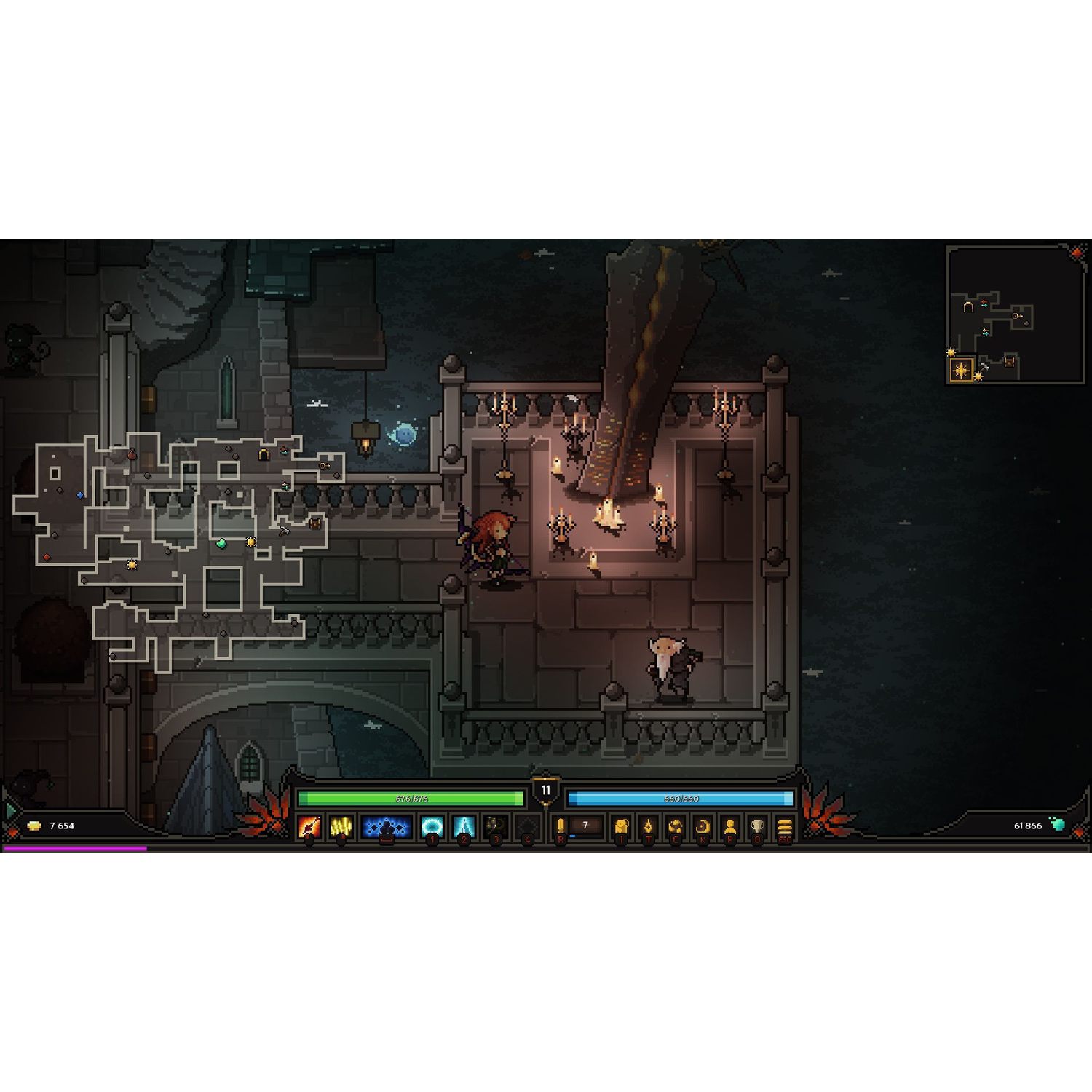 Interface RPG en pixel art avec carte de donjon, personnage et menus.
