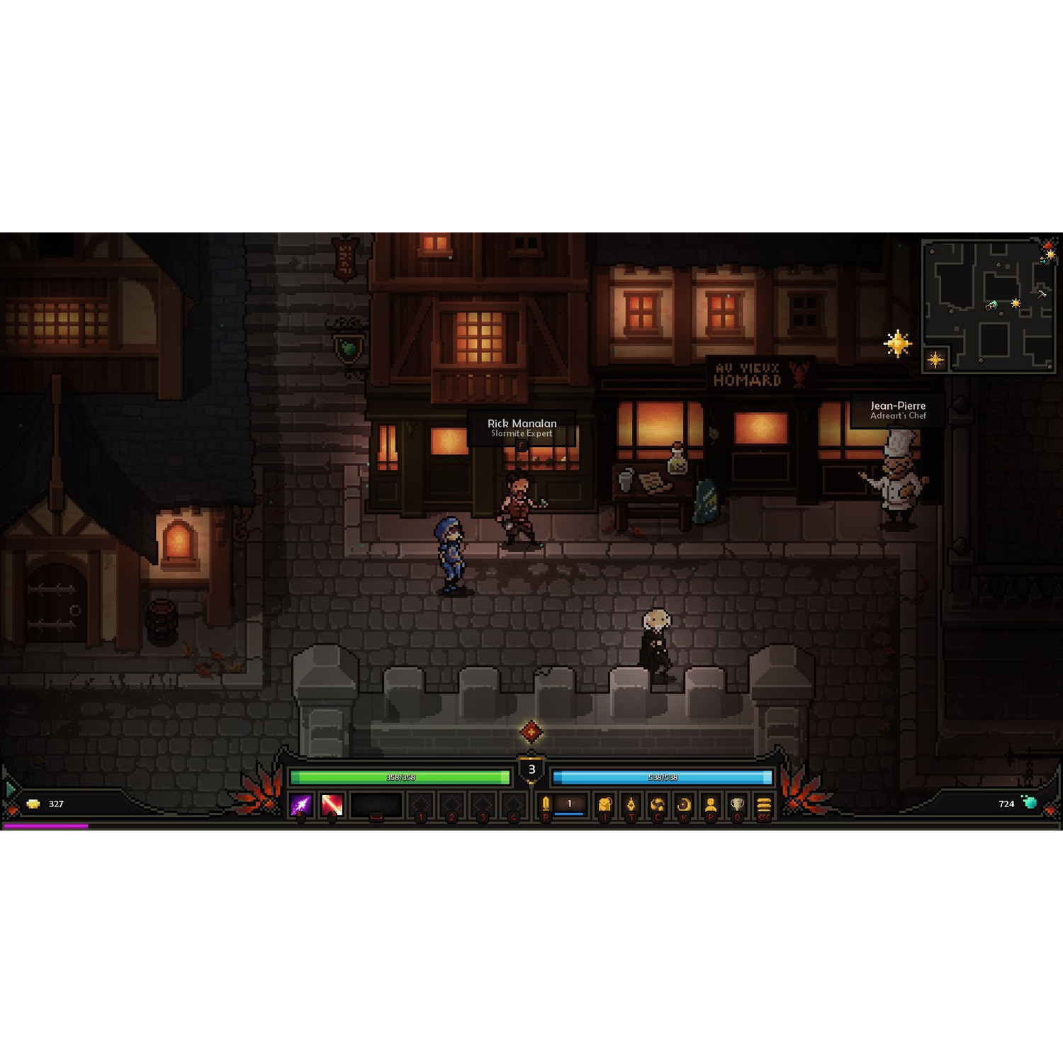 Scène RPG en pixel art d'un personnage dans une ville médiévale la nuit avec des barres d'interface.
