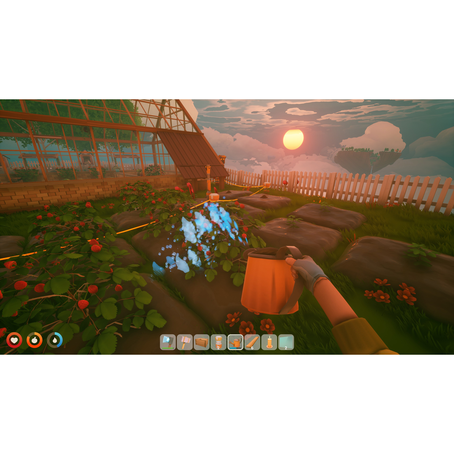 Vue à la première personne d'un joueur arrosant des plantes avec un arrosoir orange dans un jardin au coucher du soleil.