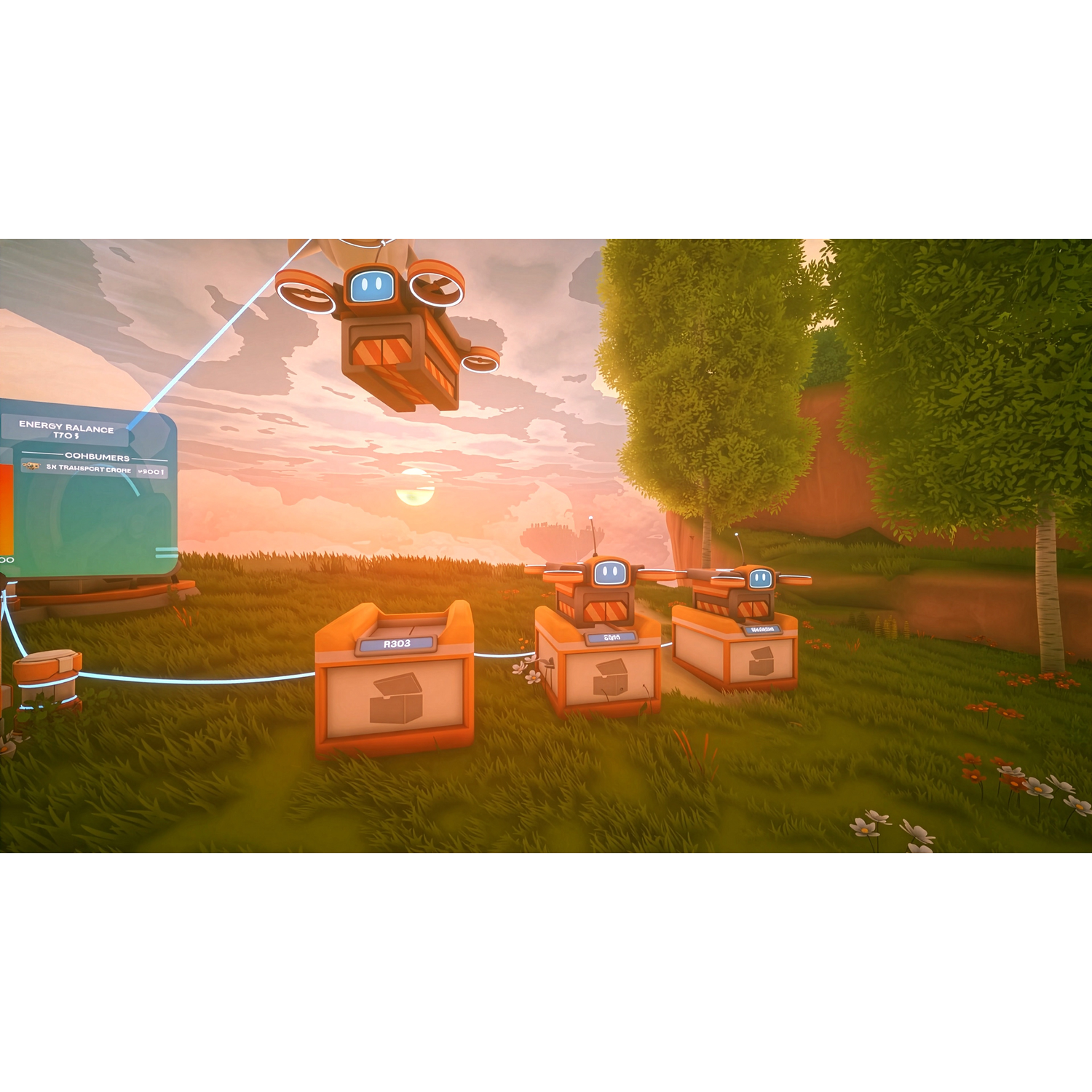 Des robots et des boîtes se trouvent sur un pré vert au coucher du soleil, tandis qu'un drone vole dans le ciel.