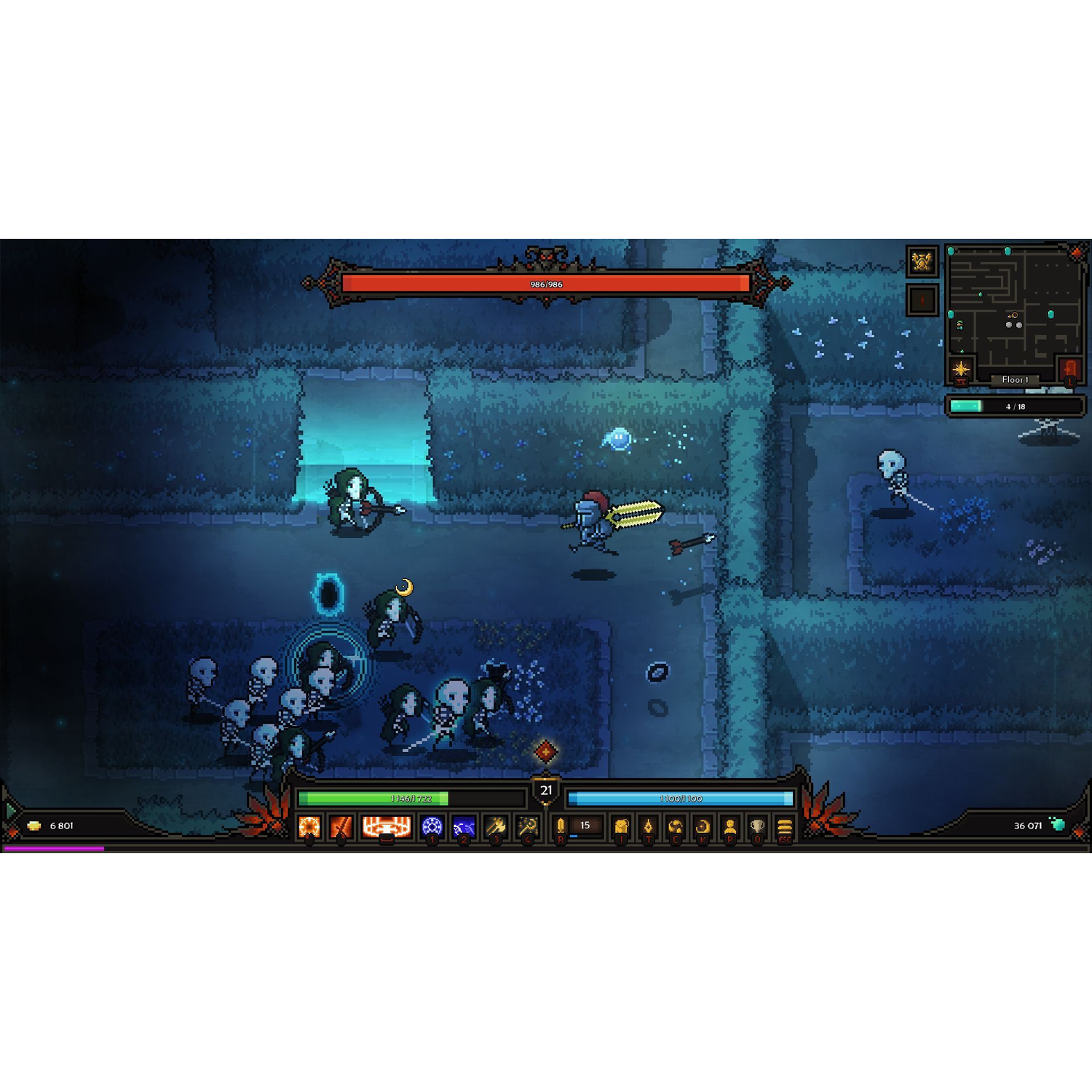 Un RPG en pixel art montre un chevalier dans un labyrinthe sombre combattant des squelettes.