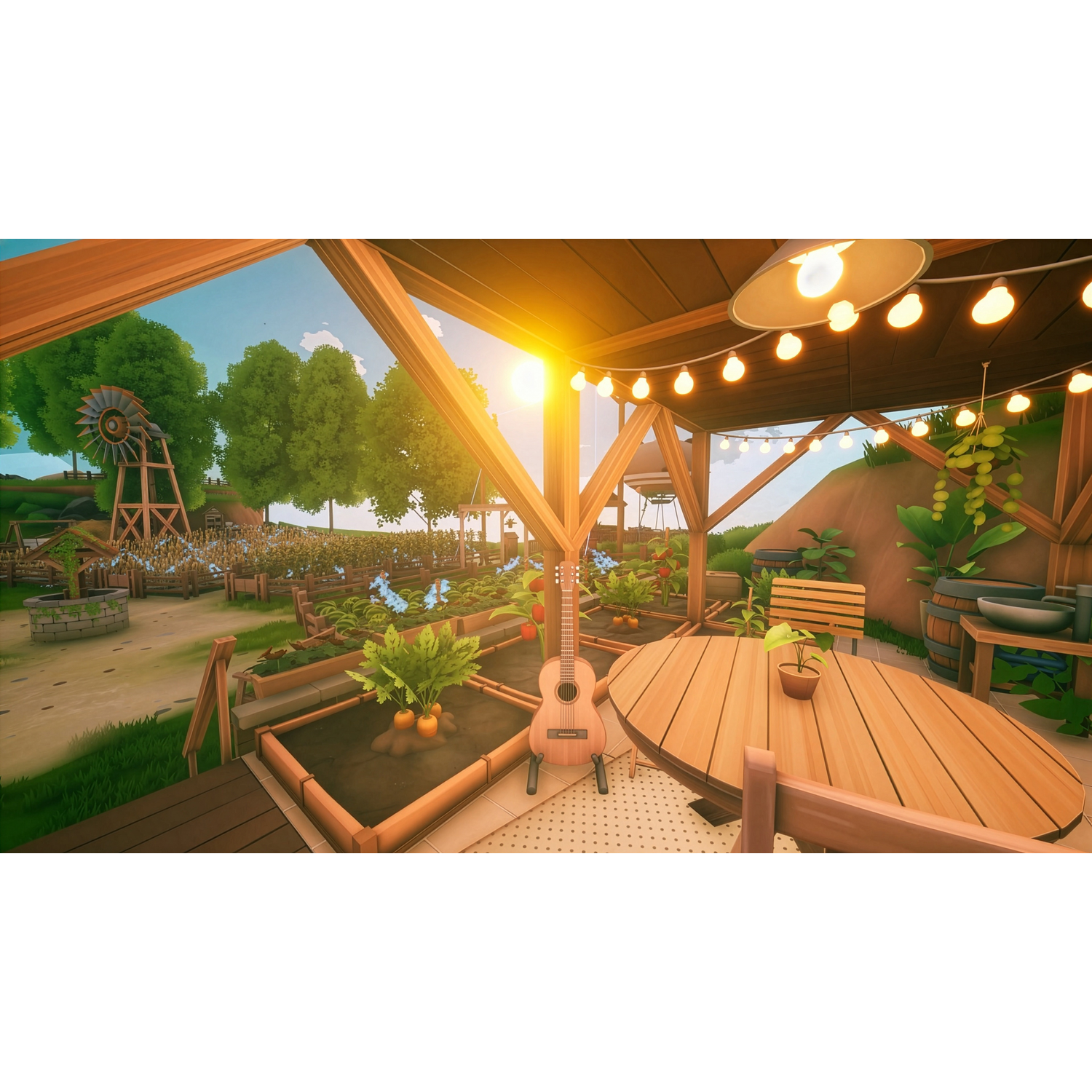 Coucher de soleil sur une ferme avec table en bois, guitare, potagers et moulin.