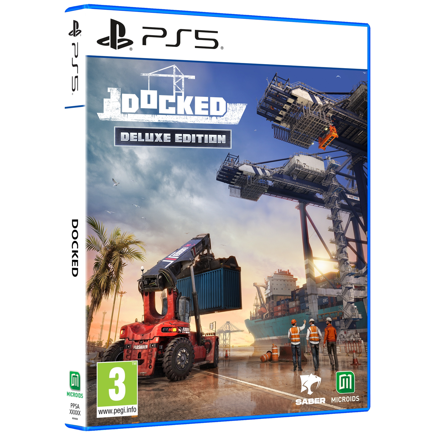 Boîtier PS5 pour Docked Deluxe Edition montrant un port, un chariot élévateur rouge et des ouvriers.