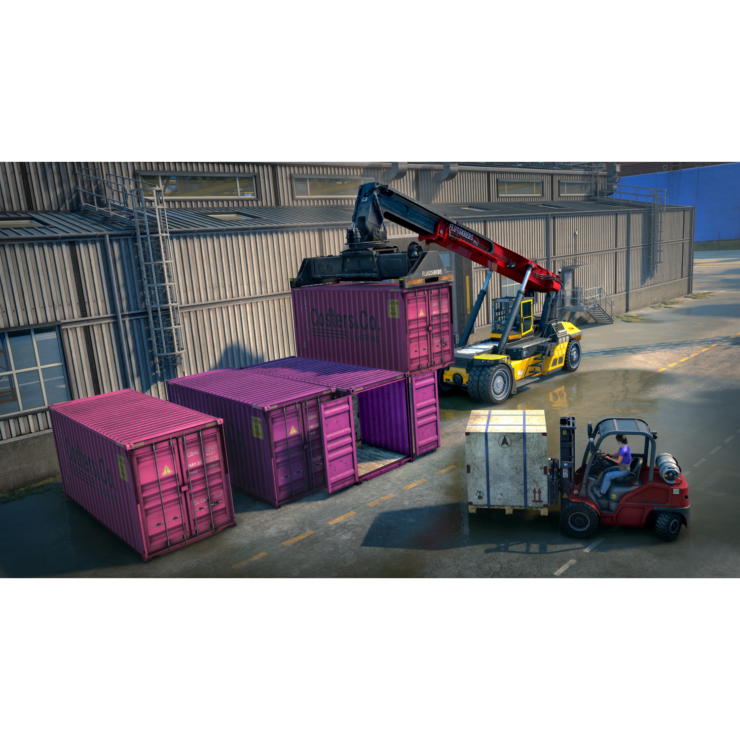Un chariot élévateur soulève un conteneur rose devant un bâtiment industriel, tandis qu'un autre déplace une caisse en bois.