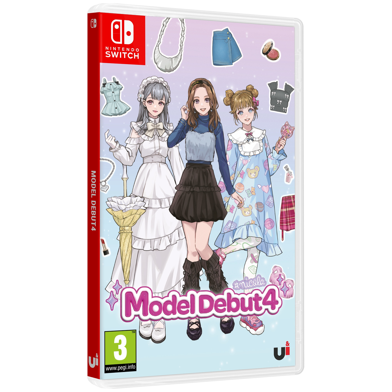 Nintendo Switch game case featuring three fashion characters and clothes against a light background.