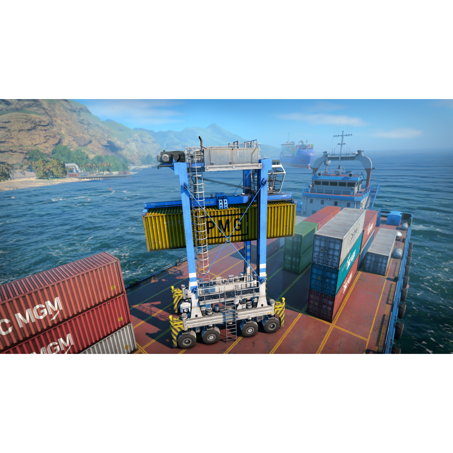 Grue à conteneurs bleue soulevant des conteneurs jaunes sur un cargo en mer.