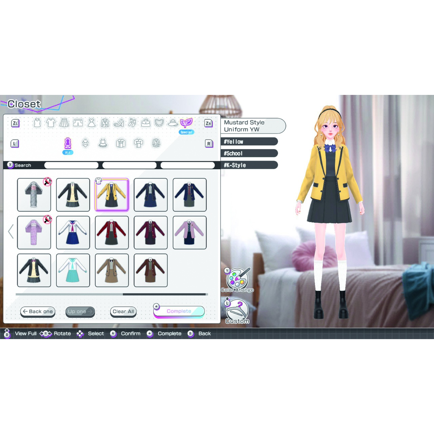 Video game closet menu showing school uniform options and an avatar in a bedroom setting.