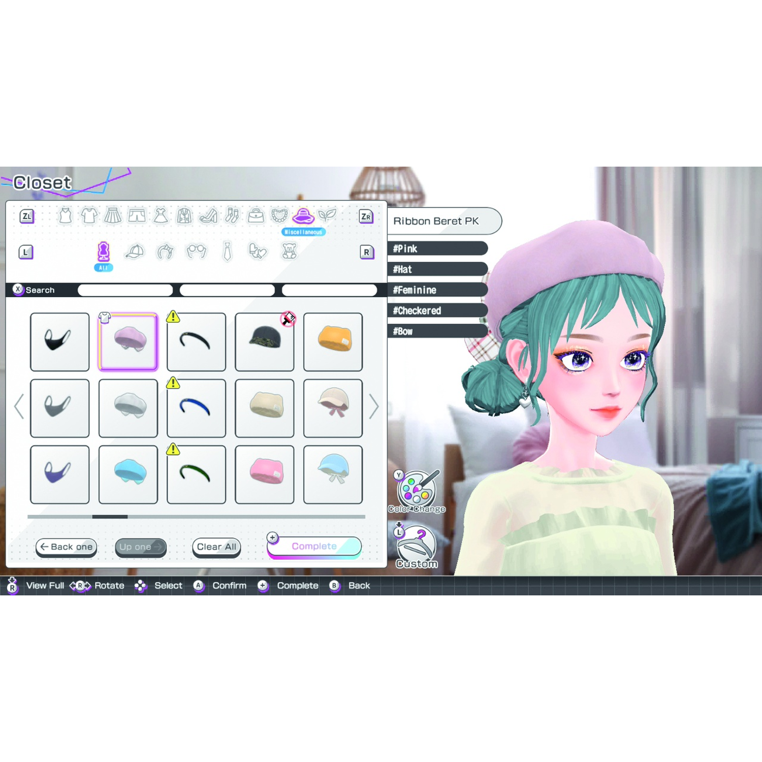 Closet menu in a video game showing an avatar with turquoise hair and a pink beret.