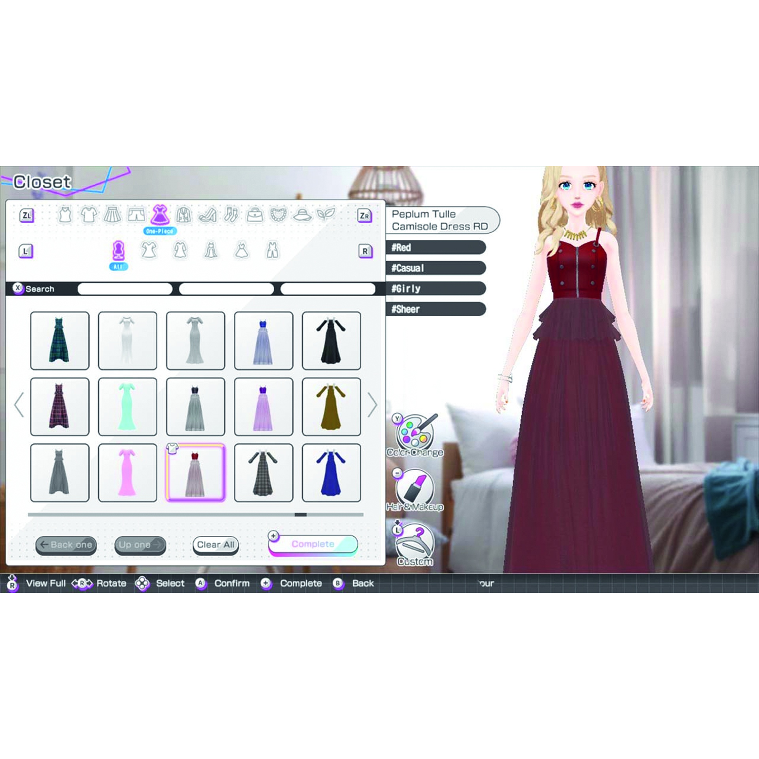 Closet menu in a video game showing an avatar trying on a long red tulle dress.