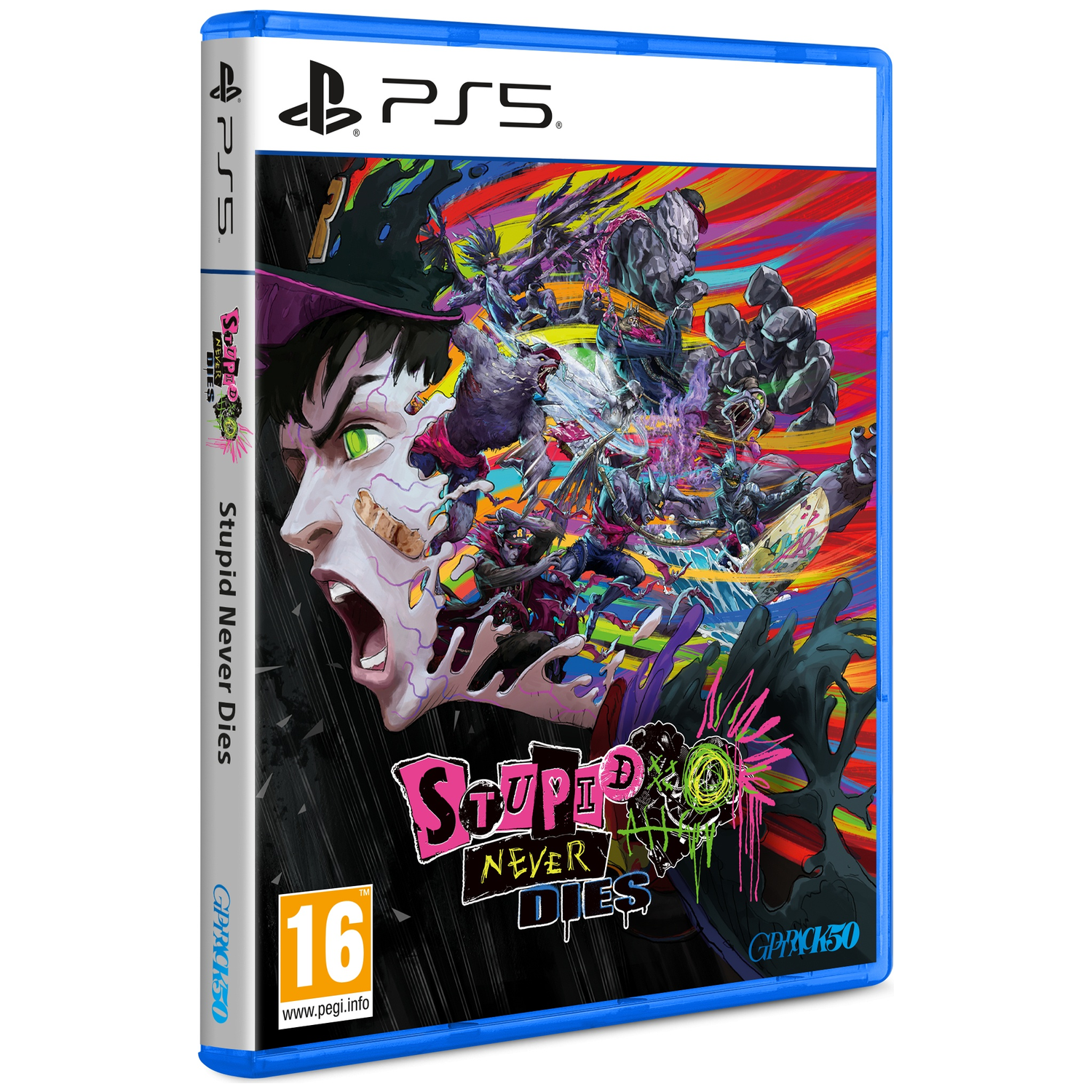 Boîtier de jeu PS5 avec un art coloré représentant un personnage criant et divers monstres sur fond vibrant.