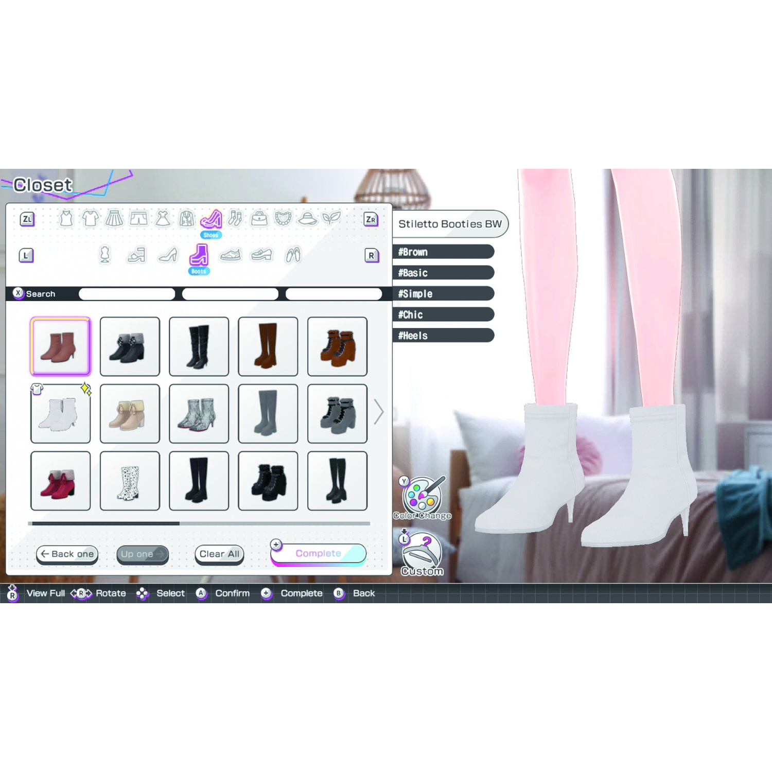 Video game closet menu displaying various boots, with white boots worn by an avatar on the right side.