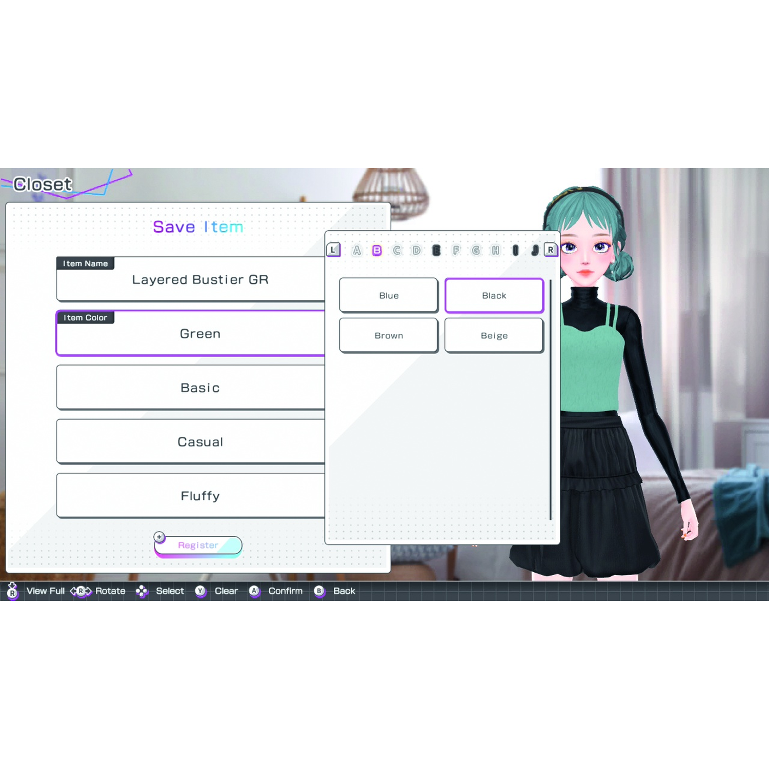Video game clothing customization menu displaying an avatar and color options.