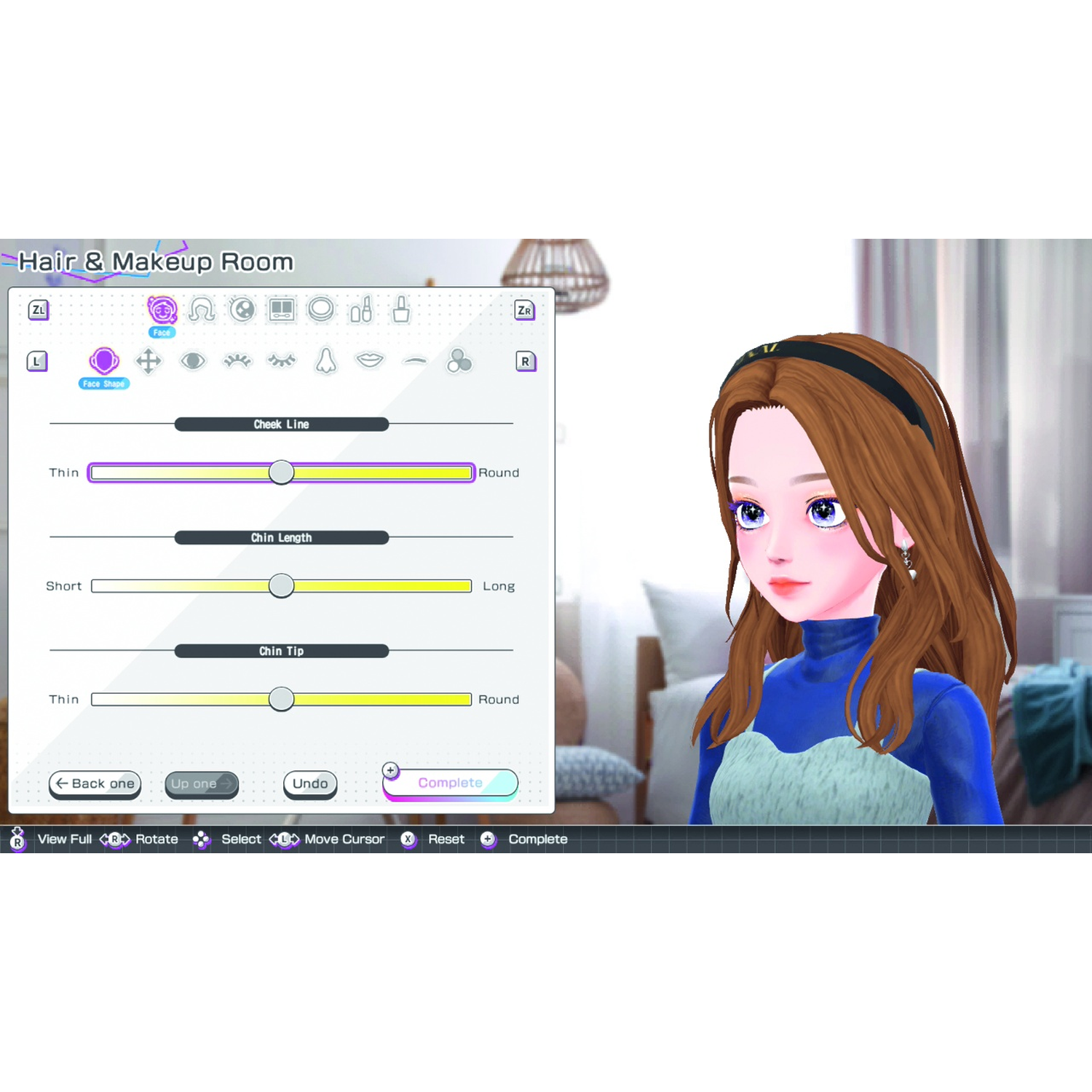 Character customization screen showing a digital avatar and facial feature adjustment sliders.