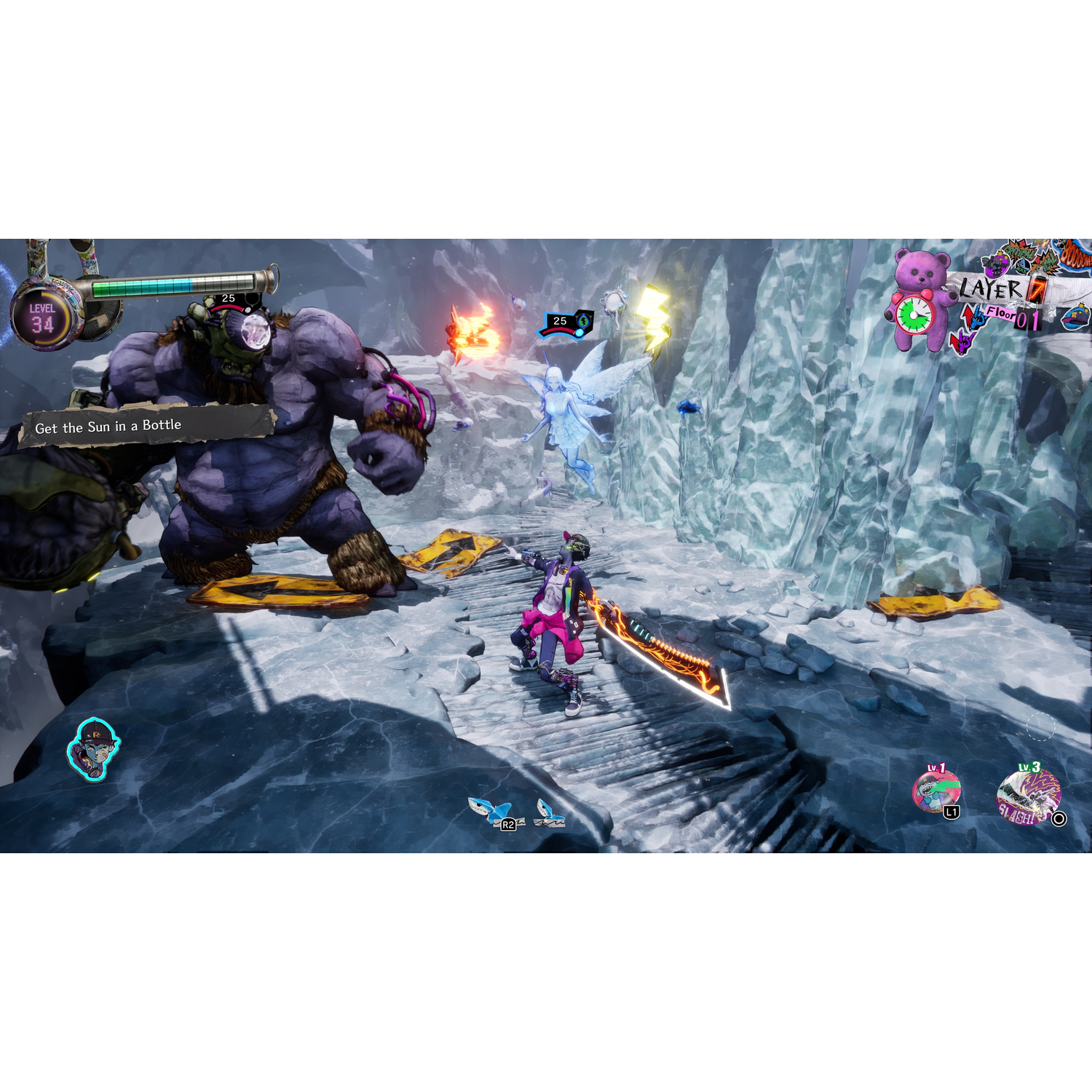 Scène de jeu vidéo avec un monstre violet à gauche, un guerrier au centre et des formations de glace en arrière-plan.
