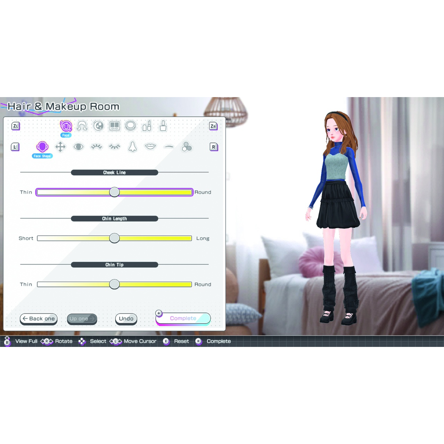 Character customization menu and 3D avatar in a bedroom.