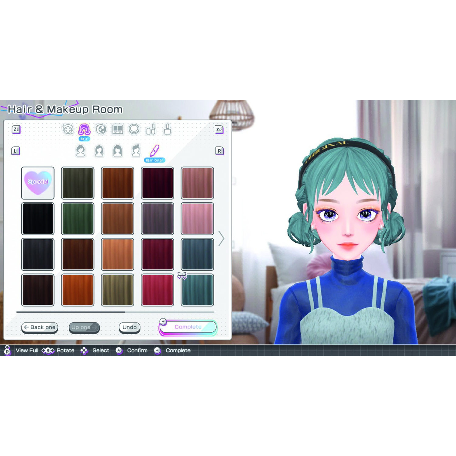 Hair and makeup room menu displays various hair colors and an animated female avatar character.