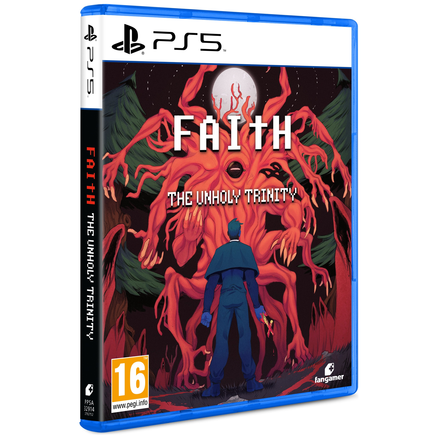 Boîtier PS5 pour Faith: The Unholy Trinity avec un prêtre face à un monstre rouge.