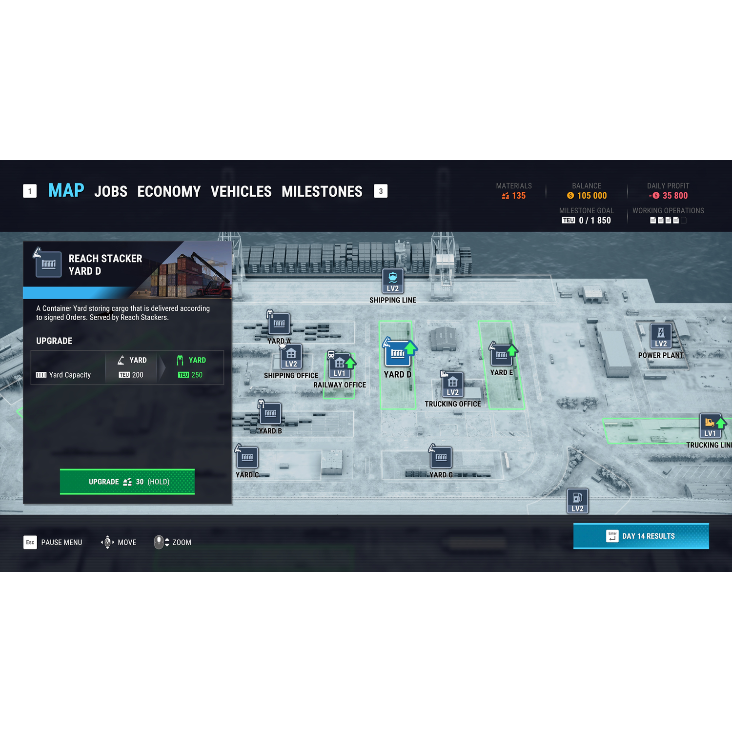 Capture d'écran d'un jeu montrant une carte de port et un menu d'amélioration.