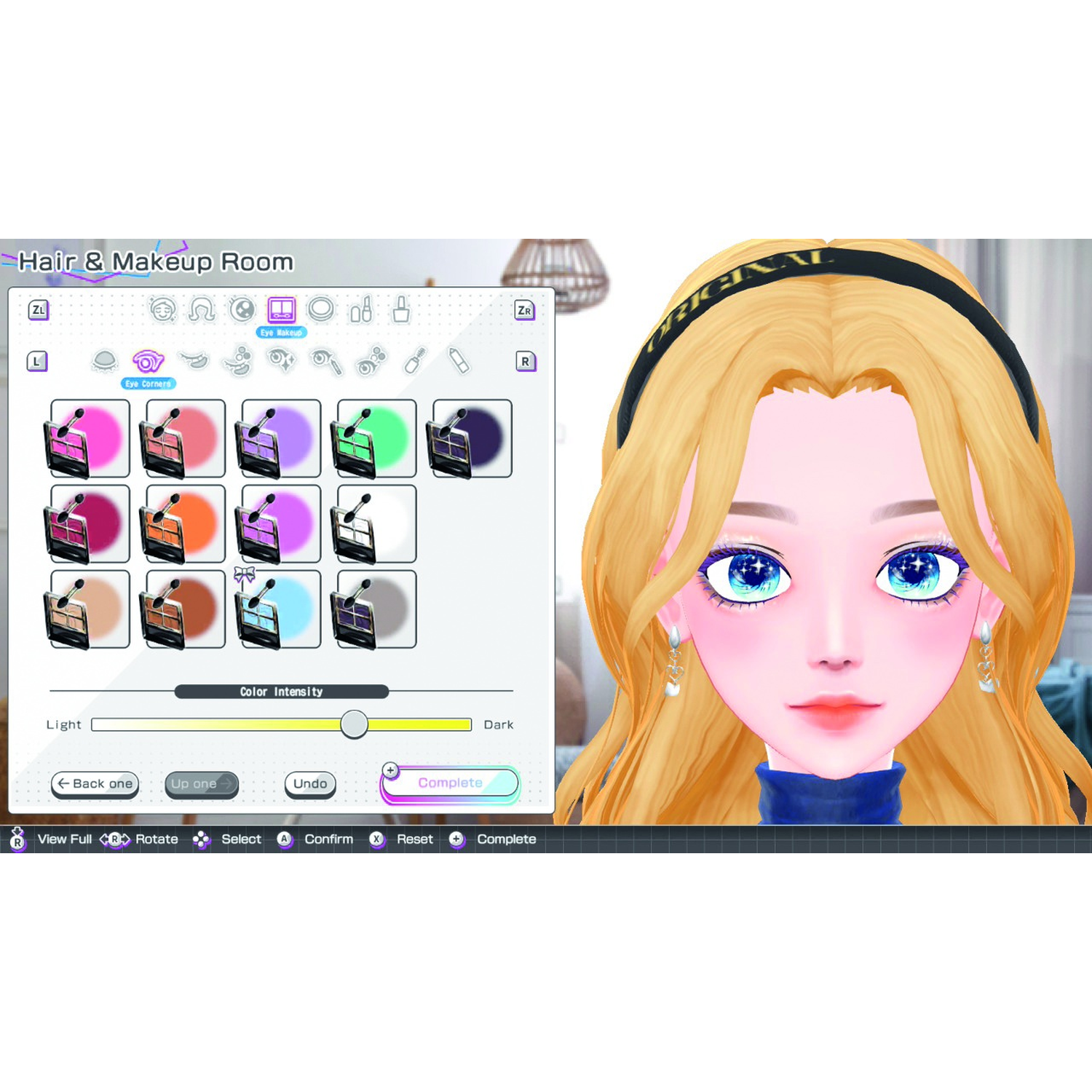 A video game screen displays a makeup editor with a blonde character and various color palettes to choose from.