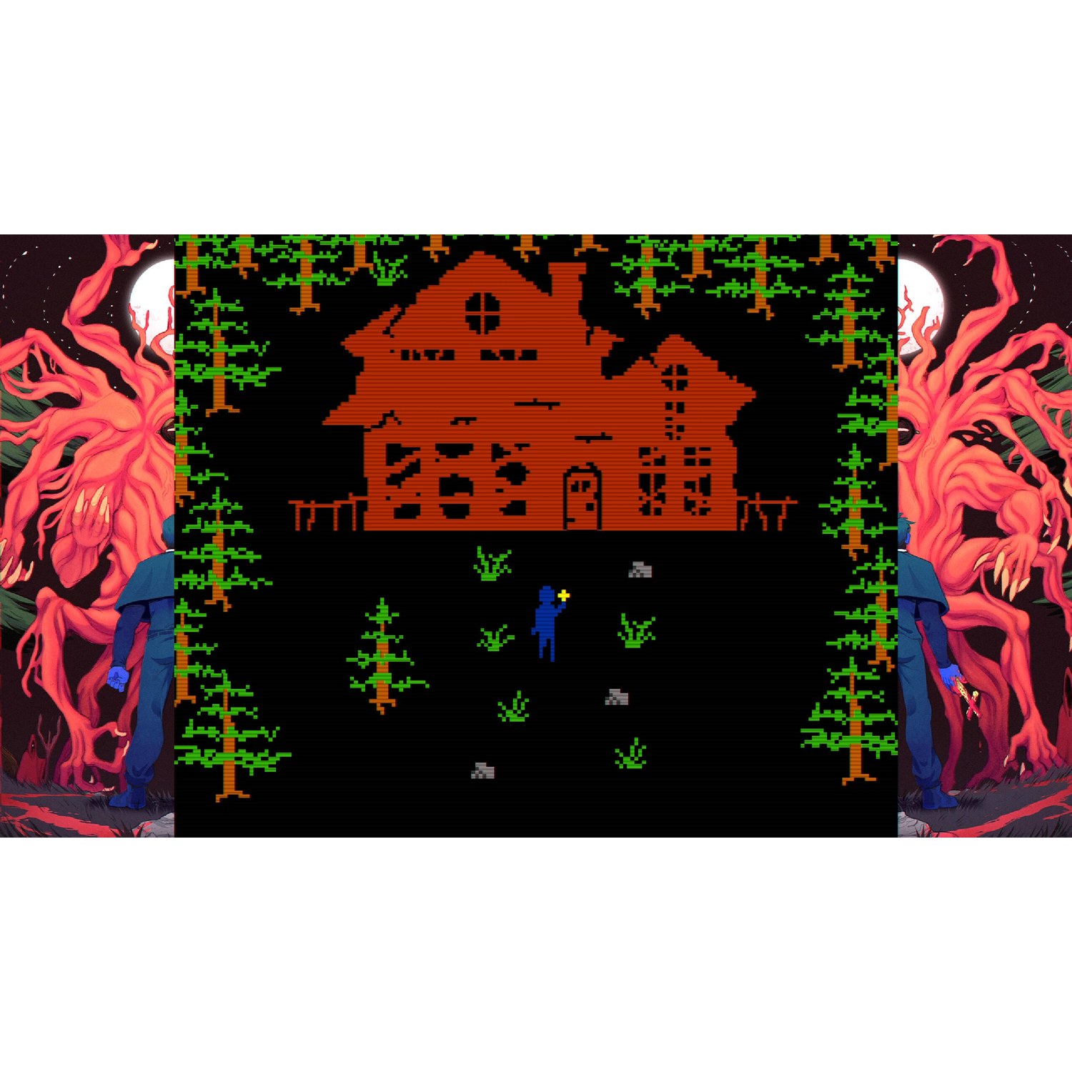 Maison en pixel art avec arbres et petit personnage bleu devant, entourée de bras de monstre roses sous la lune.
