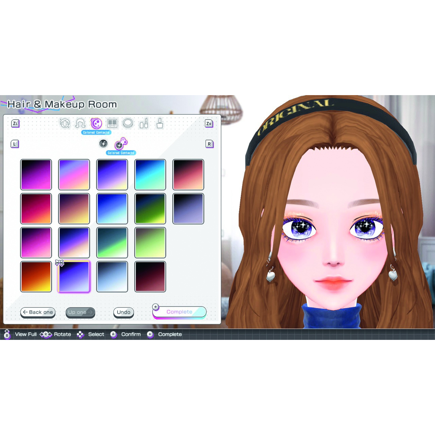 Hair and Makeup Room interface showing contact lens color options on the left and an animated character on the right.