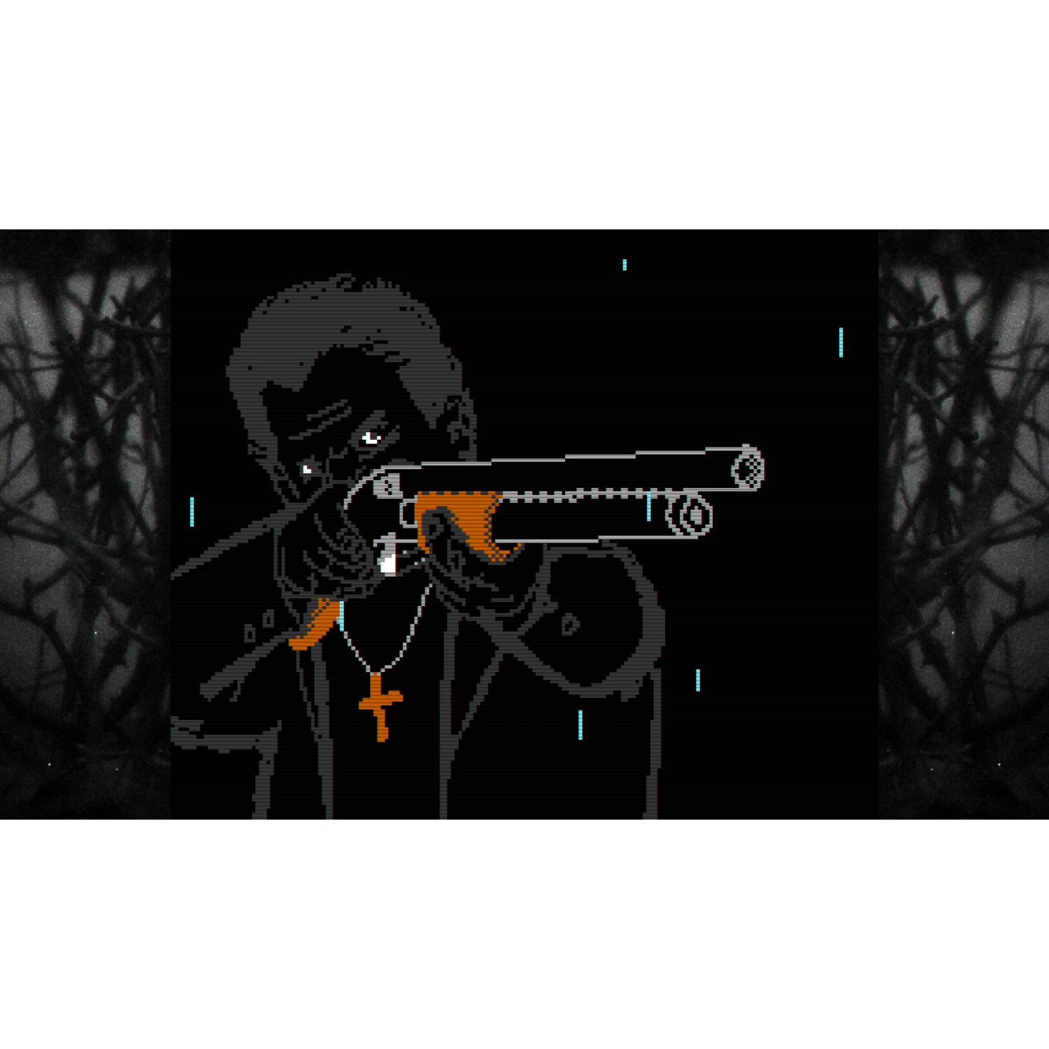 Pixel art d'un homme en vêtements sombres avec une croix dorée tenant un fusil de chasse sur fond sombre.