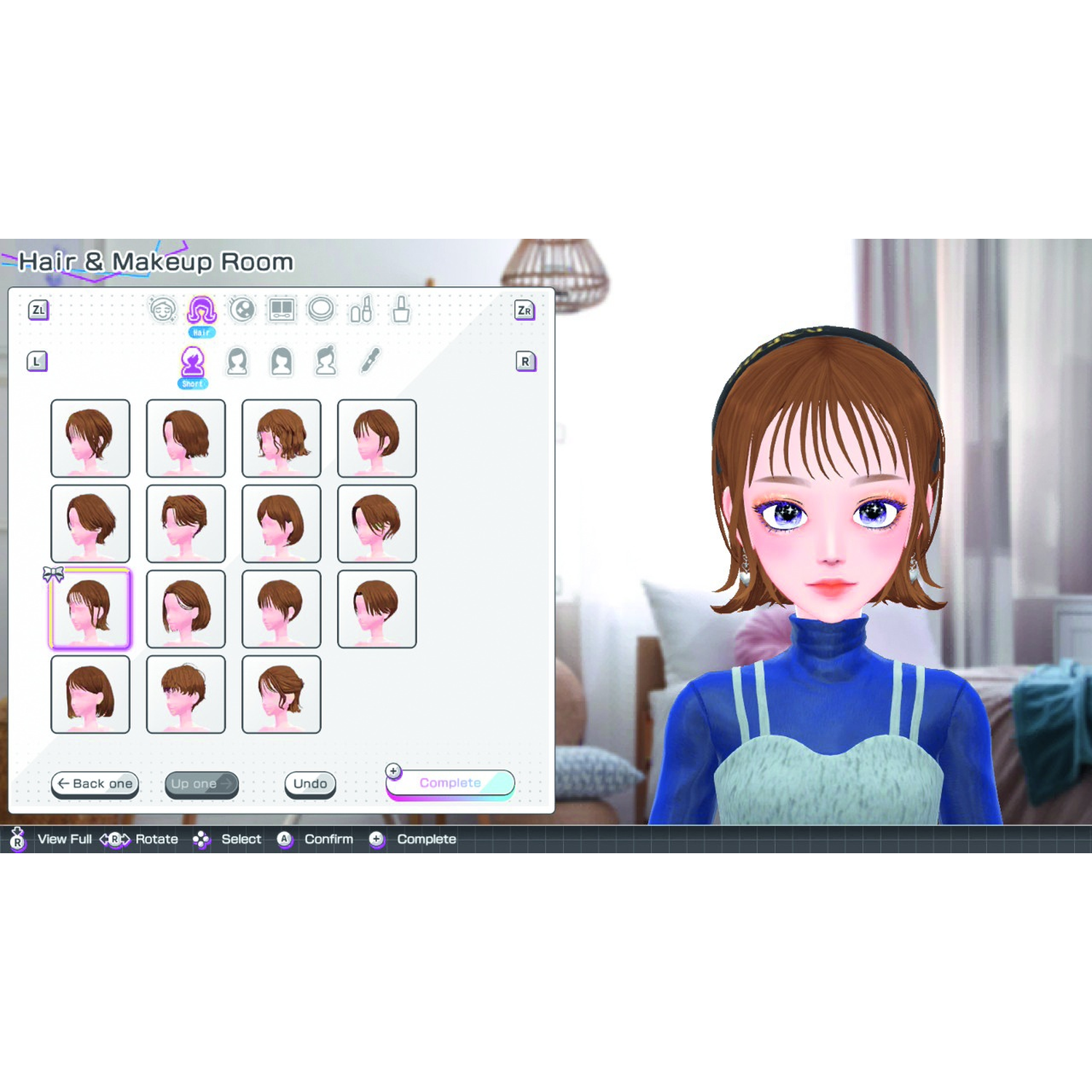 Game character customization screen showing hairstyle options and a 3D avatar with blue clothes.