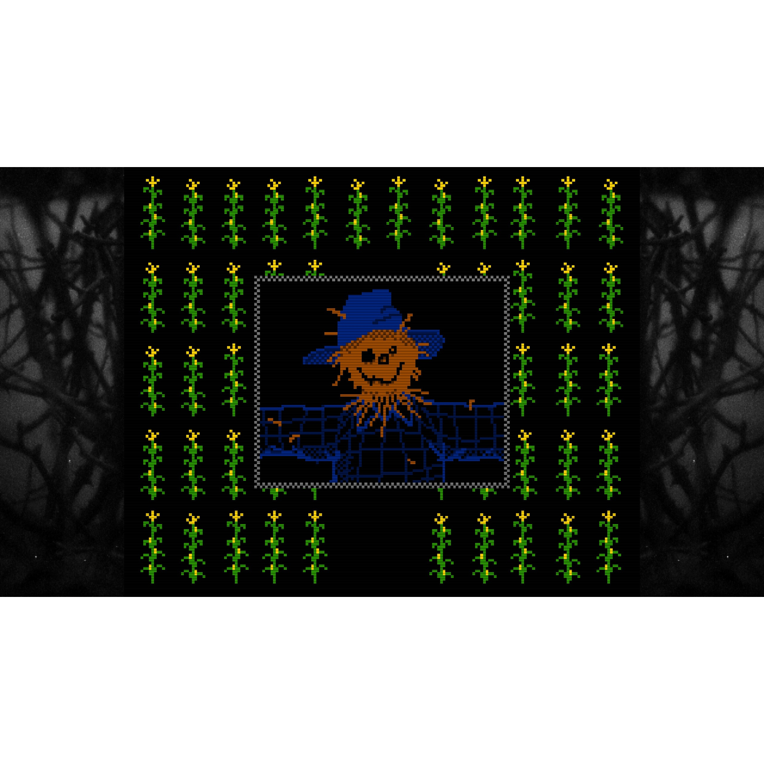 Art pixel d'un épouvantail dans un champ de maïs, encadré sur un fond sombre et épineux.