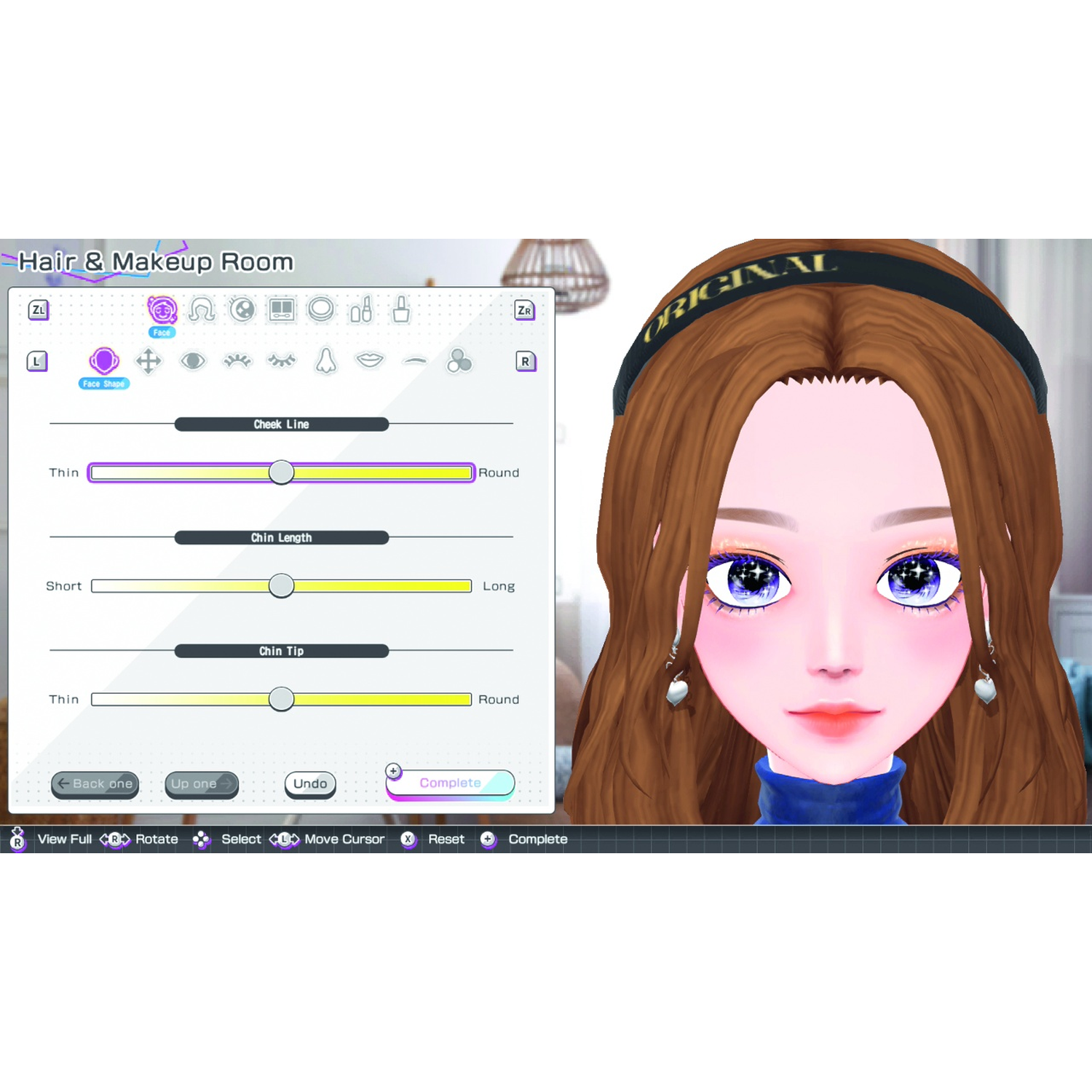 Hair and makeup room menu displays customizable facial features for a virtual female avatar.