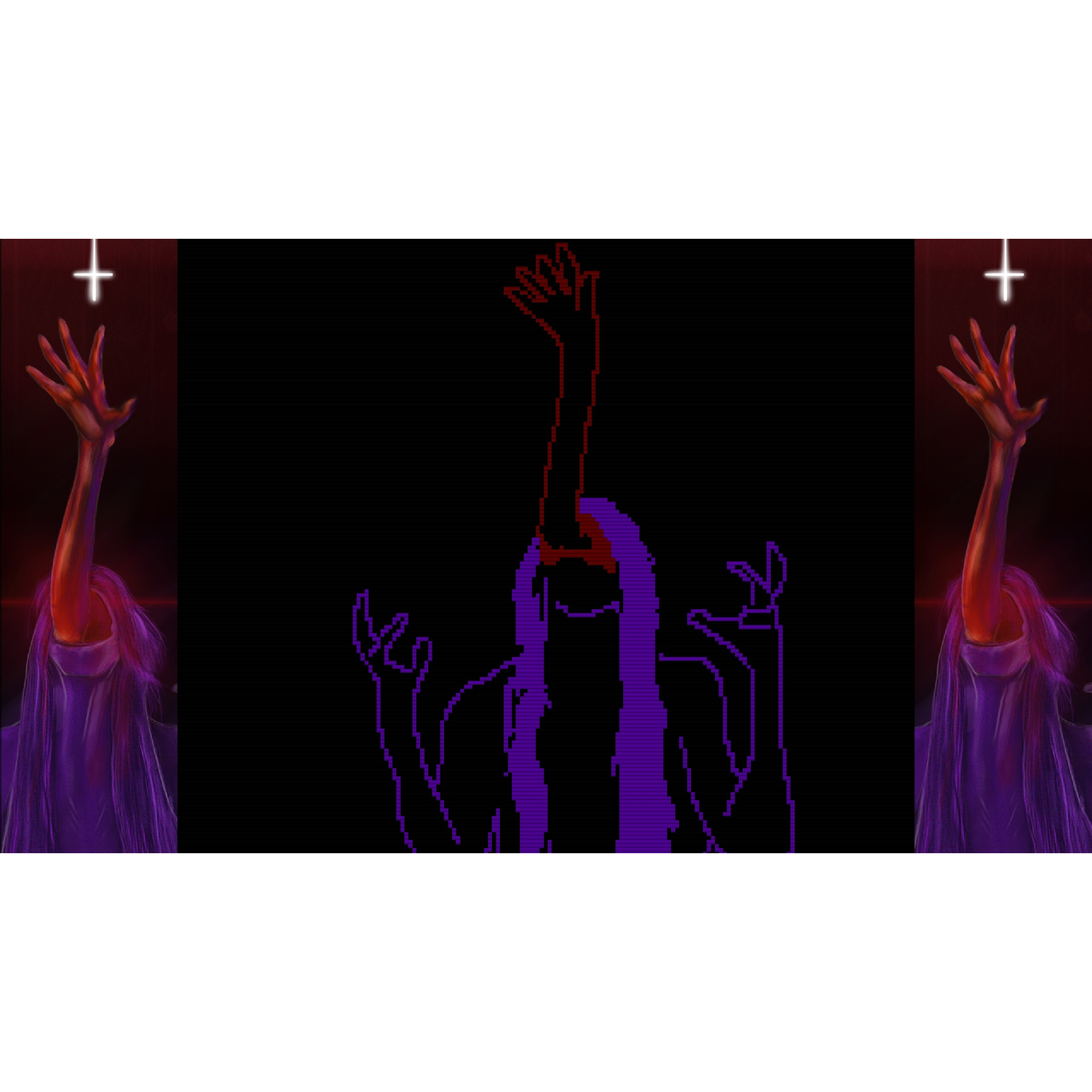 Pixel art d'un personnage aux cheveux violets dont la tête s'ouvre, levant un bras rouge.