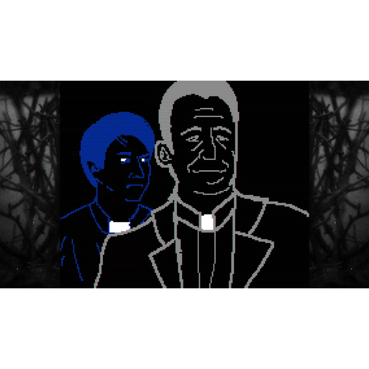 Pixel art de deux prêtres en costumes sombres et cols blancs sur fond sombre.