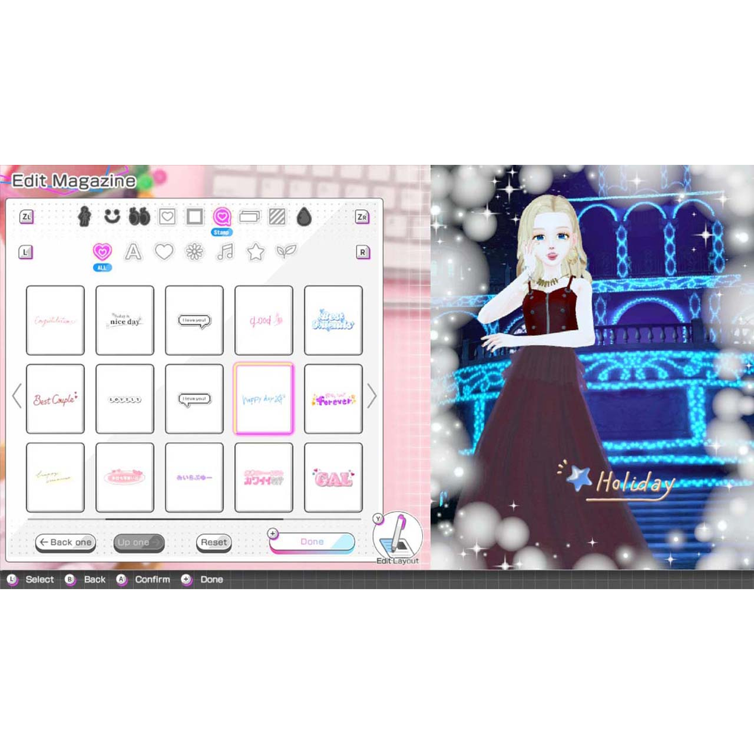 Game screen showing a magazine editing menu with stickers and a blonde avatar in an evening gown.