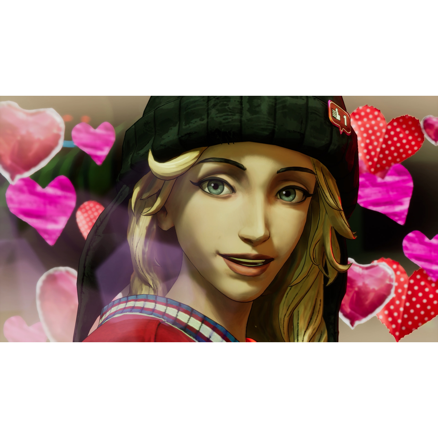 Une femme blonde au bonnet noir sourit parmi des formes de cœurs roses et rouges.