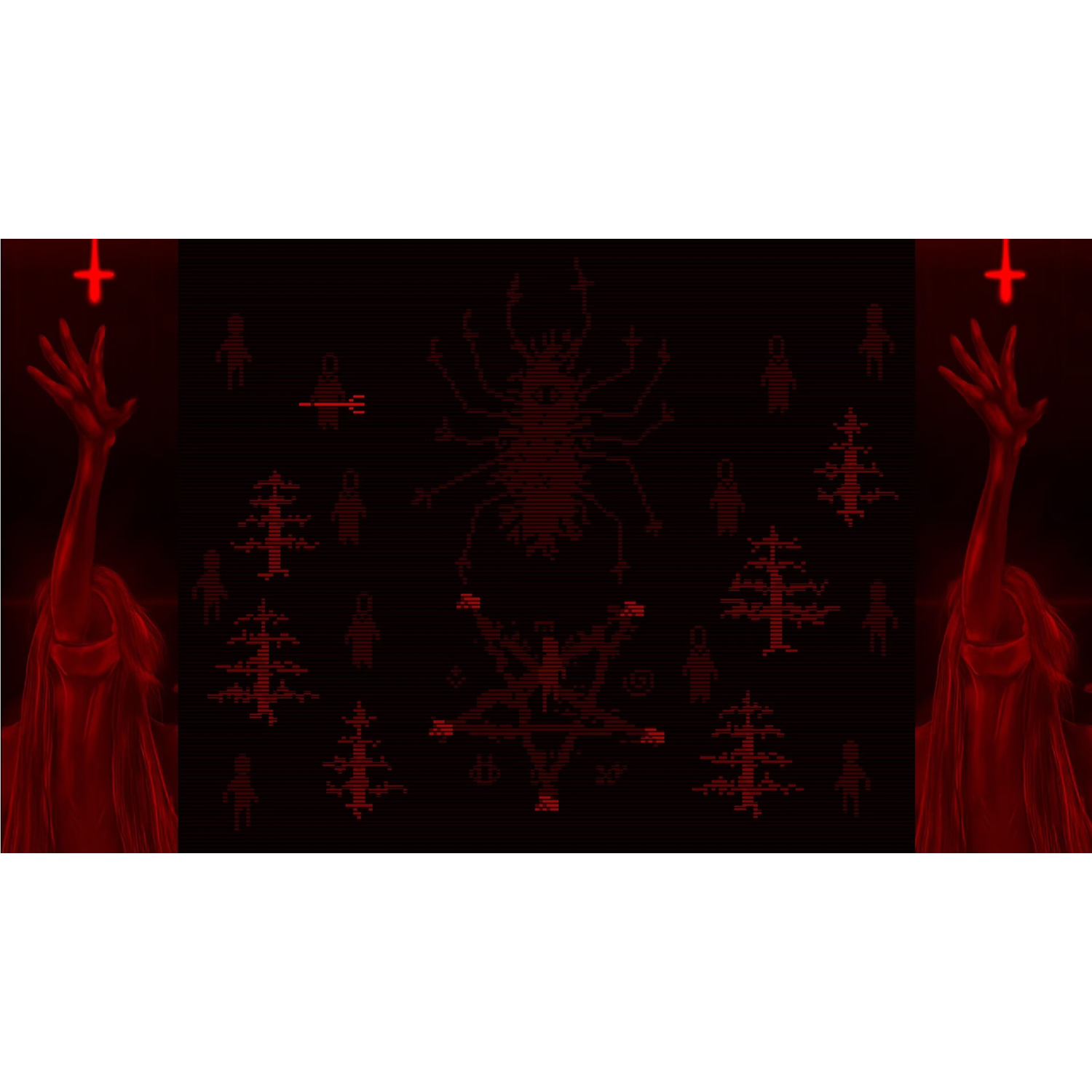 Des bras rouges s'élèvent sous des croix inversées, encadrant des symboles en pixels et un insecte sur fond noir.