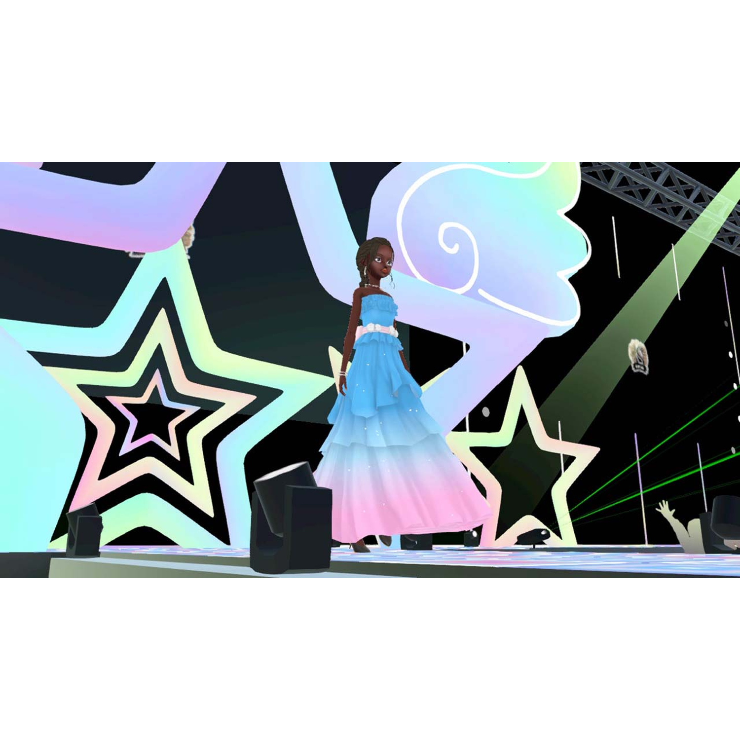 A virtual figure in a long blue-to-pink ombre dress on a stage with large glowing stars.