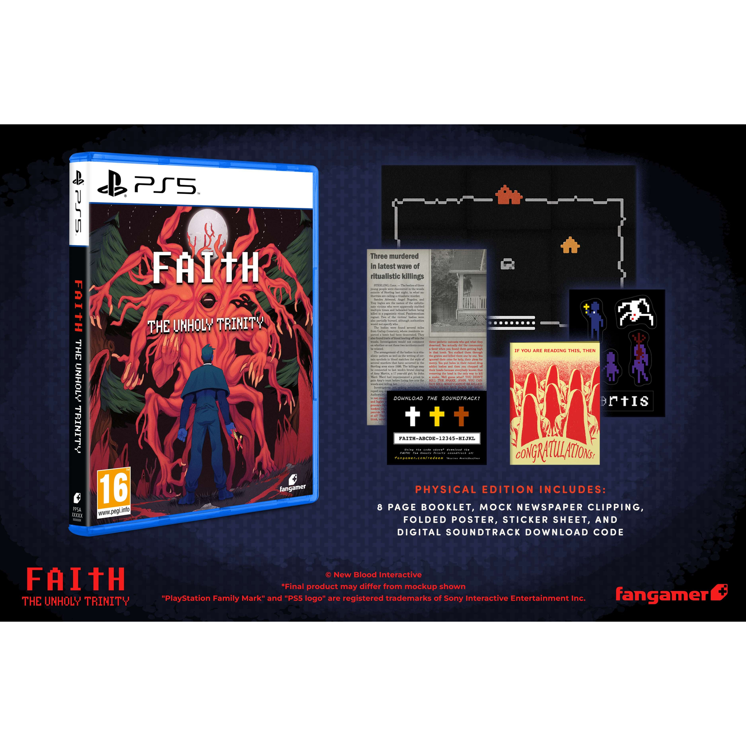 Boîtier de jeu PS5 pour FAITH: The Unholy Trinity avec livret, poster, autocollants et code de bande sonore.