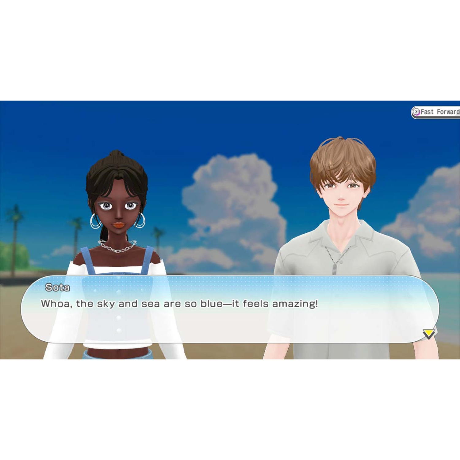 Two anime characters stand on a beach with a blue sea and sky, with a dialogue box in the foreground.