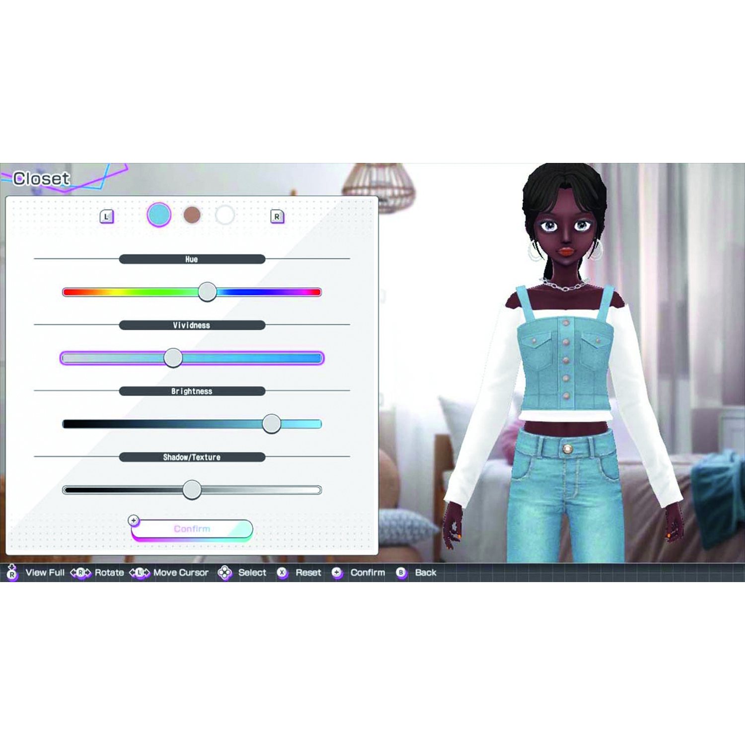 Character customizer menu with color sliders on the left, next to a 3D avatar in a blue denim outfit and white top.