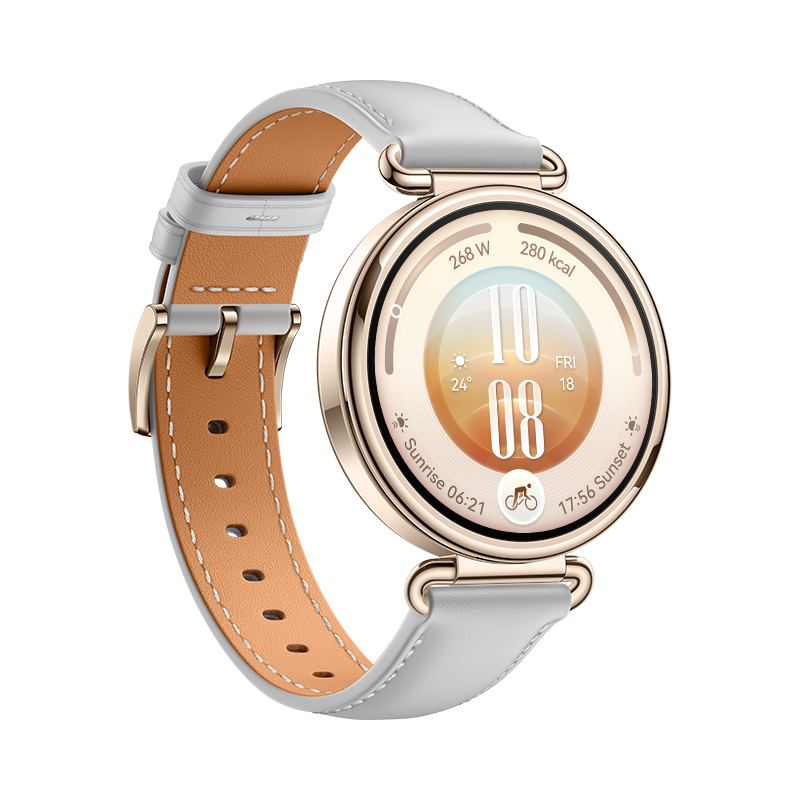 Eine elegante Smartwatch in Roségold mit weißem Lederarmband vor schwarzem Hintergrund.