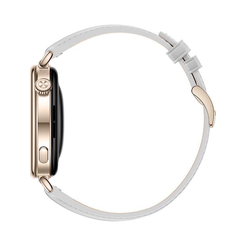 Goldene Smartwatch mit weißem Lederarmband vor schwarzem Hintergrund, von der Seite gesehen.