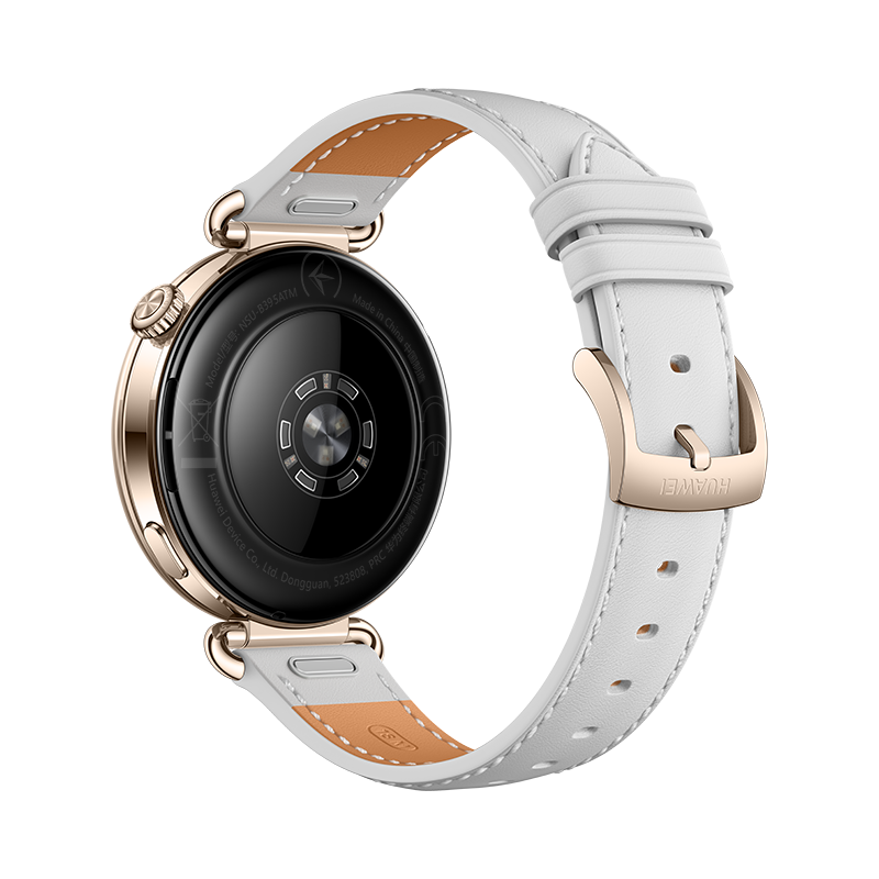 Rückseite einer roségoldenen Smartwatch mit weißem Lederarmband auf schwarzem Grund.