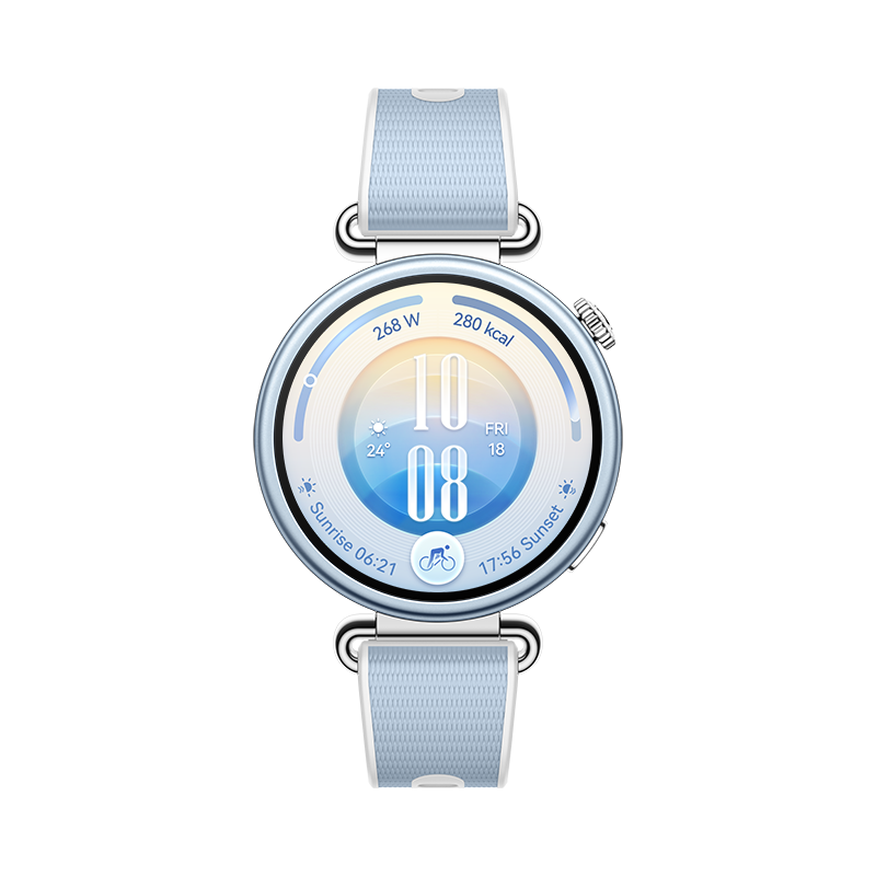 Eine runde Smartwatch mit hellem Band und digitalem Zifferblatt auf schwarzem Hintergrund.