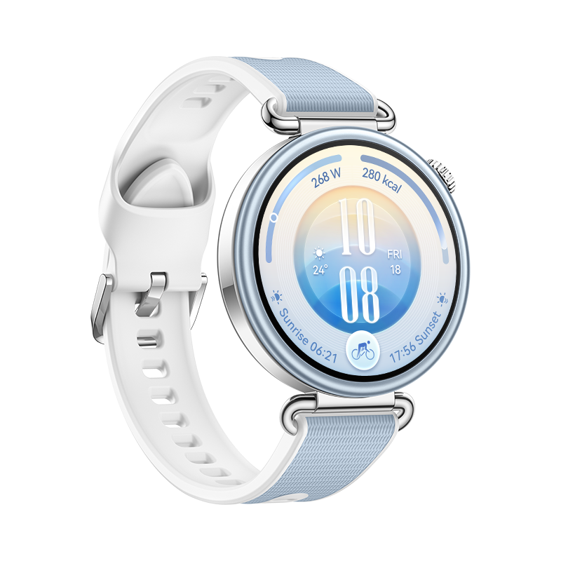 Eine elegante Smartwatch mit weißem Silikonarmband und blauem Zifferblatt auf schwarzem Hintergrund.