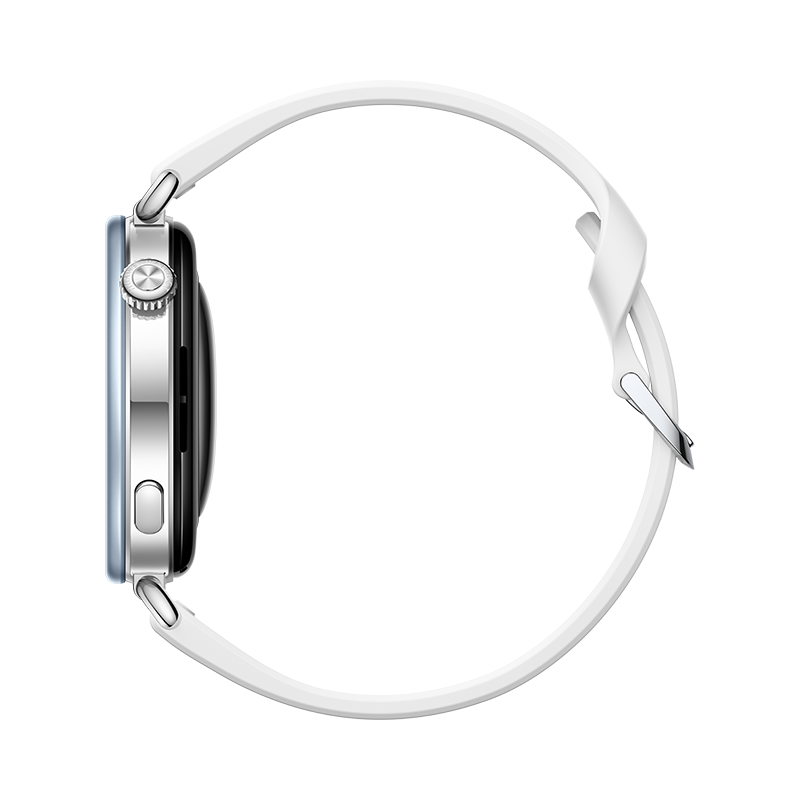 Eine silberne Smartwatch mit weißem Silikonarmband auf schwarzem Hintergrund.