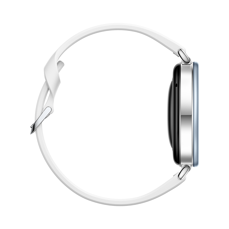 Seitenansicht einer Smartwatch mit silbernem Gehäuse und weißem Armband vor schwarzem Hintergrund.
