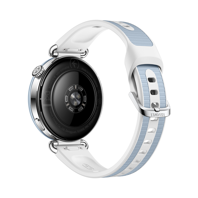 Rückseite einer Smartwatch mit weiß-blauem Armband und Sensoren vor schwarzem Hintergrund.