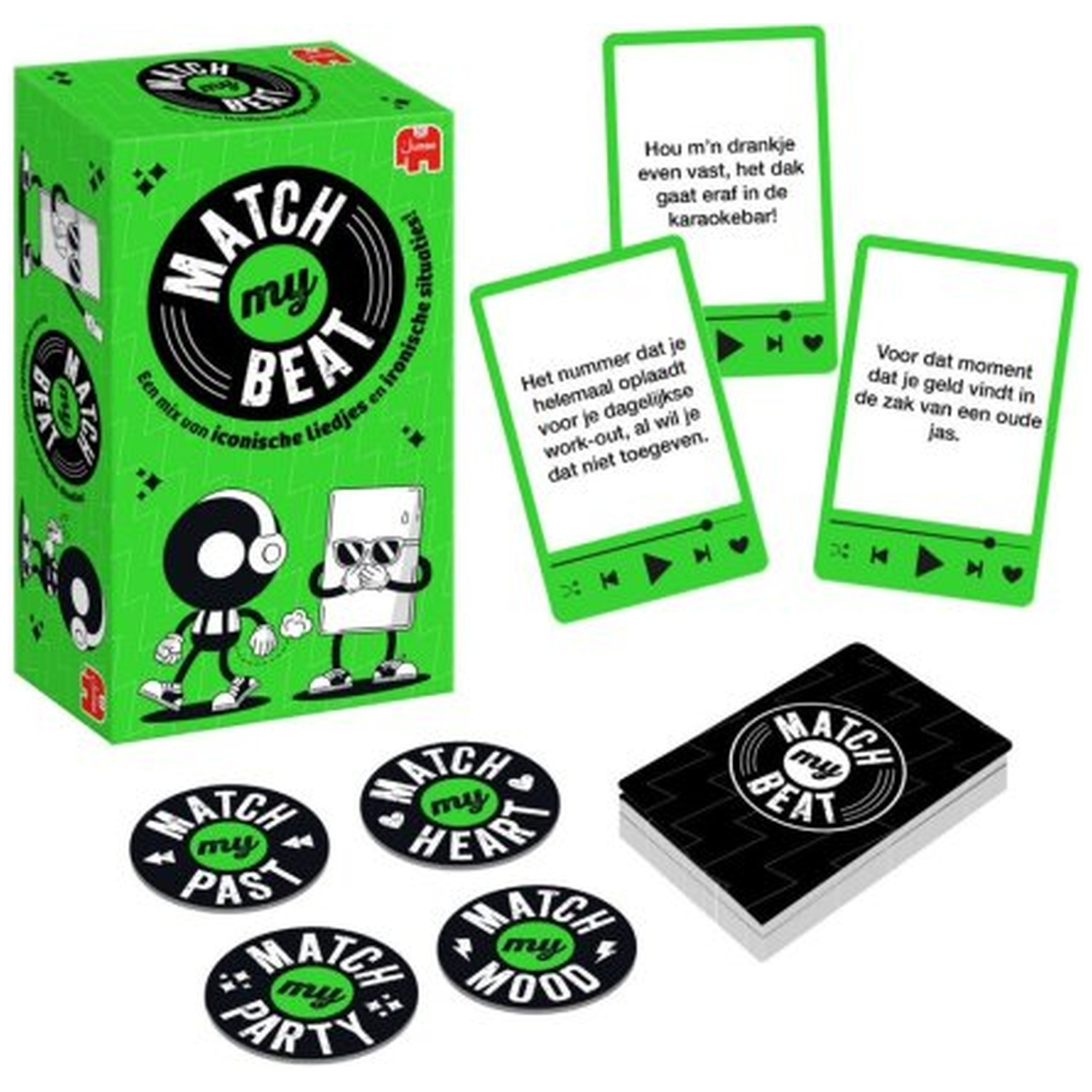 Match My Beat card game with green box, round tokens, and green text cards.